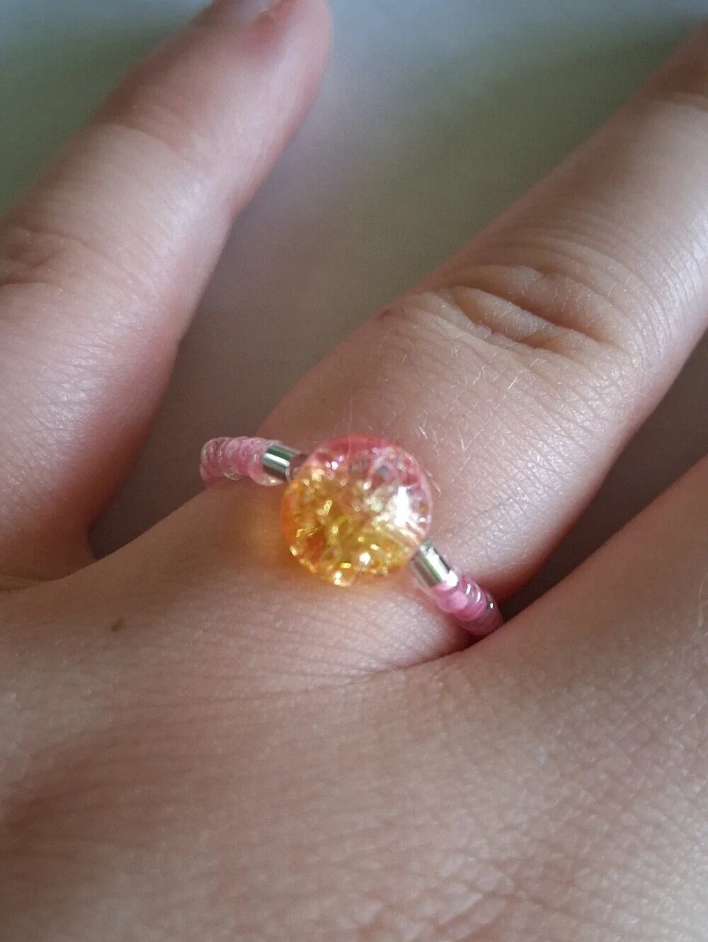 5/$25 Hand Crafted Pink and Orange Crackle Glass Beaded Ring 6,7,8